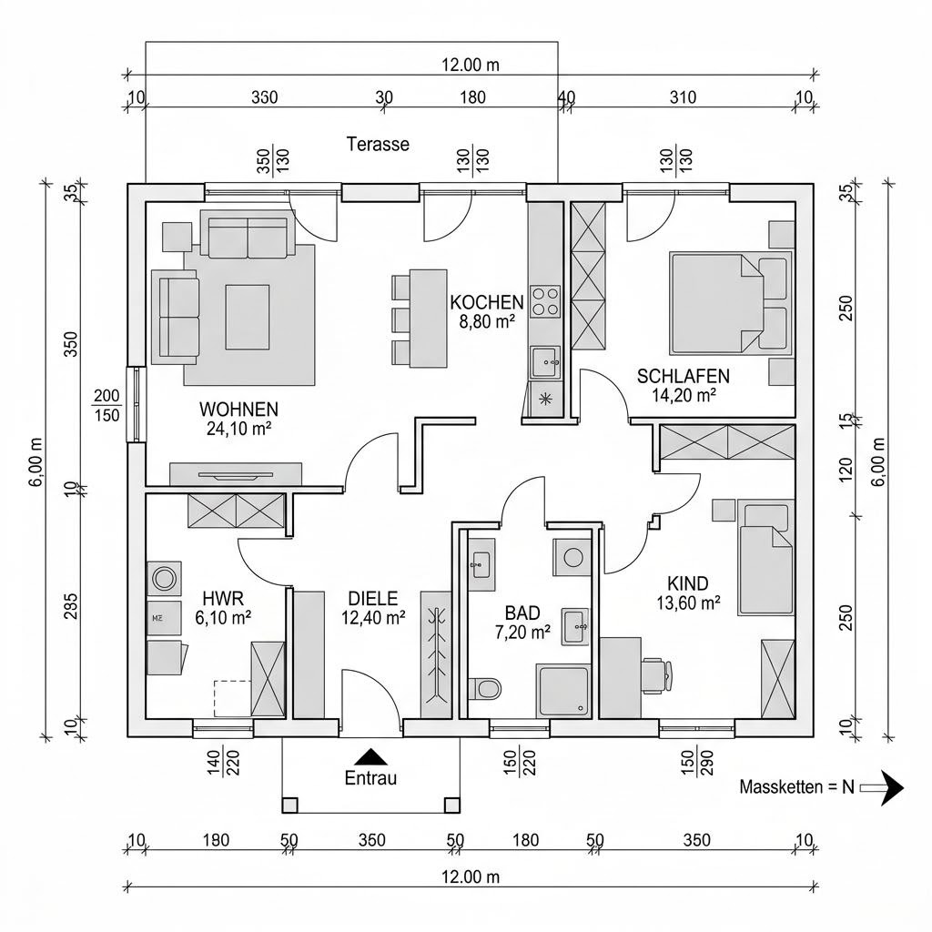 Grundriss Modulhaus Urban 72 von Containerwerk — 72 m², 3 Zimmer