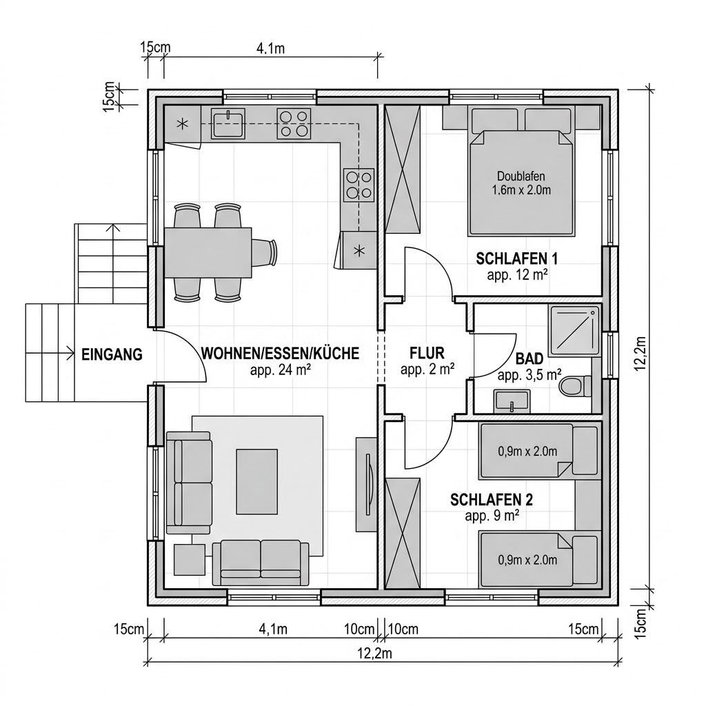 Grundriss Raummodul Wohnen Duo von Containerwerk — 50 m², 2 Zimmer