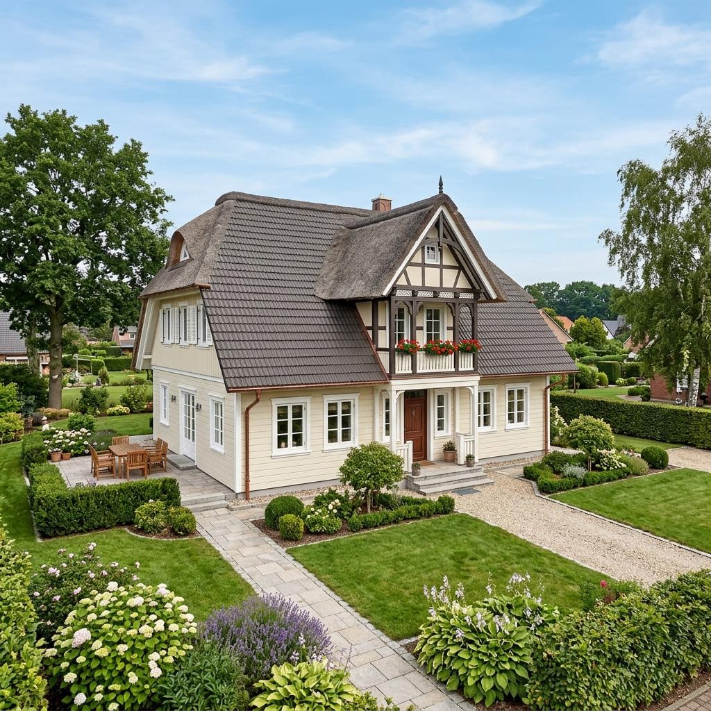 Kapitänshaus Eiderstedt 144 von Danhaus Deutschland mit Krüppelwalmdach in Reet-Optik — 144 m²