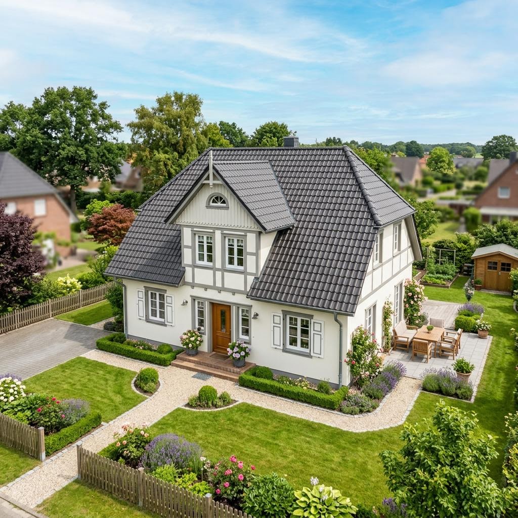 Kapitänshaus Nordfriesland 136 von Danhaus Deutschland mit Krüppelwalmdach in Reet-Optik — 136 m²