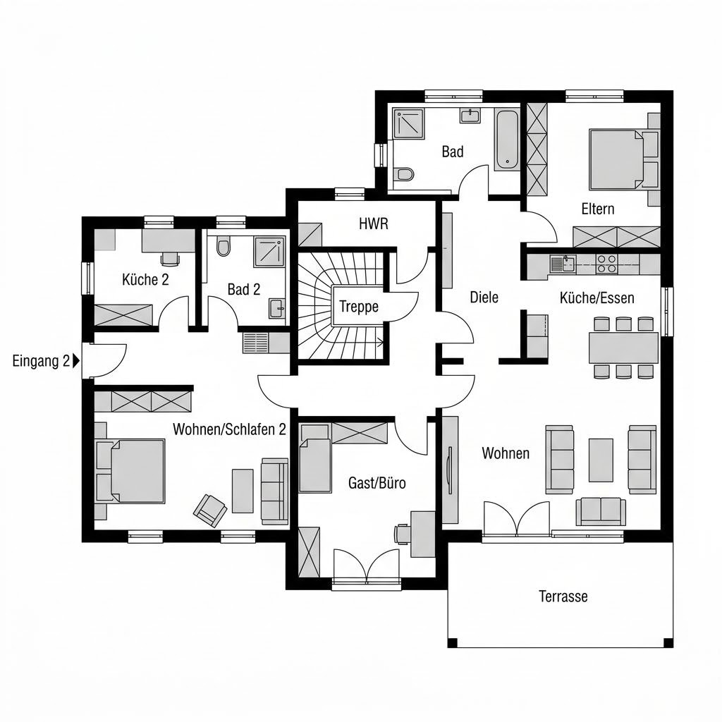 Grundriss Familienhaus 210 von Danhaus — 210 m², 8 Zimmer