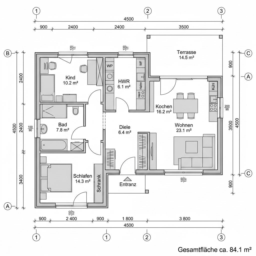 Grundriss Modulhaus Lyng 84 von Danhaus Deutschland — 84 m², 3 Zimmer