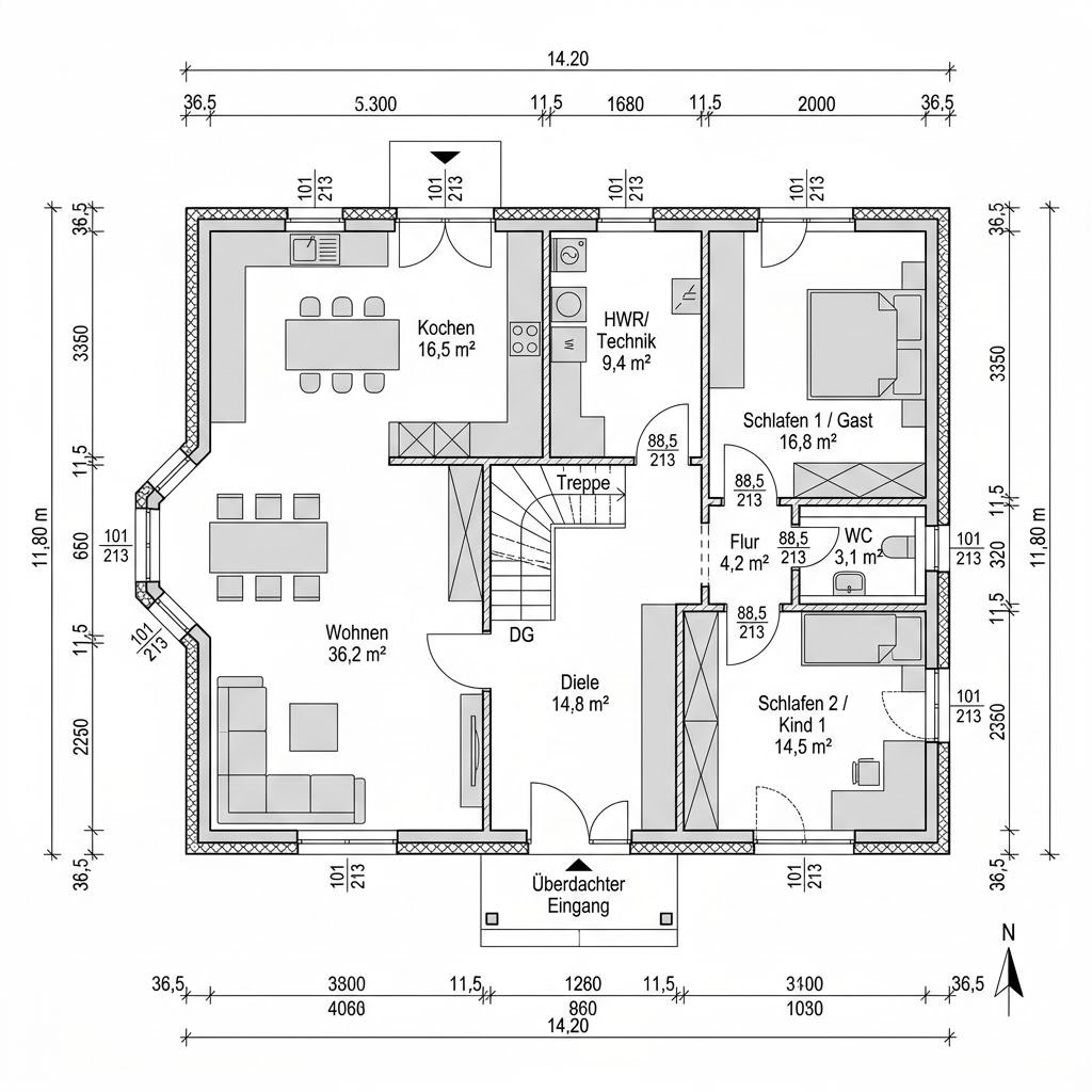 Grundriss Landhaus Point 146 von Danwood — 146 m², 5 Zimmer