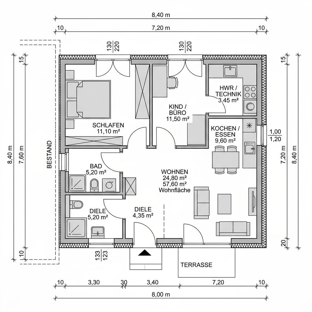 Grundriss Anbau Glasmodul 58 von DAVINCI HAUS — 58 m², 2 Zimmer