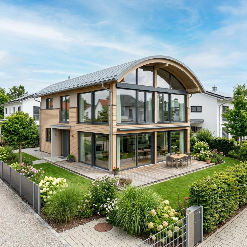 Einfamilienhaus Glashaus Tonne 172 von Baufritz mit Tonnendach — 172 m²