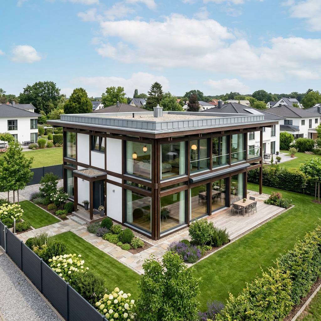 Kubushaus Glaskubus 186 von DAVINCI HAUS mit Flachdach — kubisches Glas-Fachwerkhaus im Bauhausstil mit 186 m²