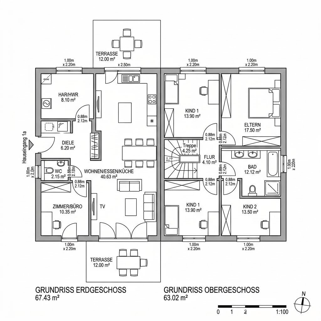 Grundriss Doppelhaus Twin von Kern-Haus — 130 m², 5 Zimmer