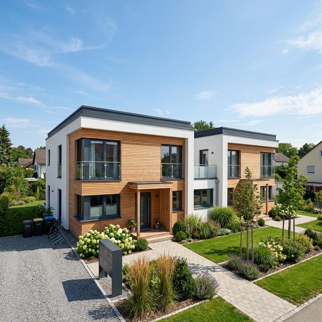 Mehrfamilienhaus im Doppelpack von SchwörerHaus mit Flachdach — Kubushäuser im Bauhausstil mit 461 m²