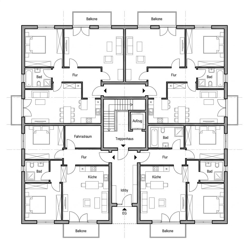 Grundriss Mehrfamilienhaus in Holzbauweise von WeberHaus — 400 m², 14 Zimmer