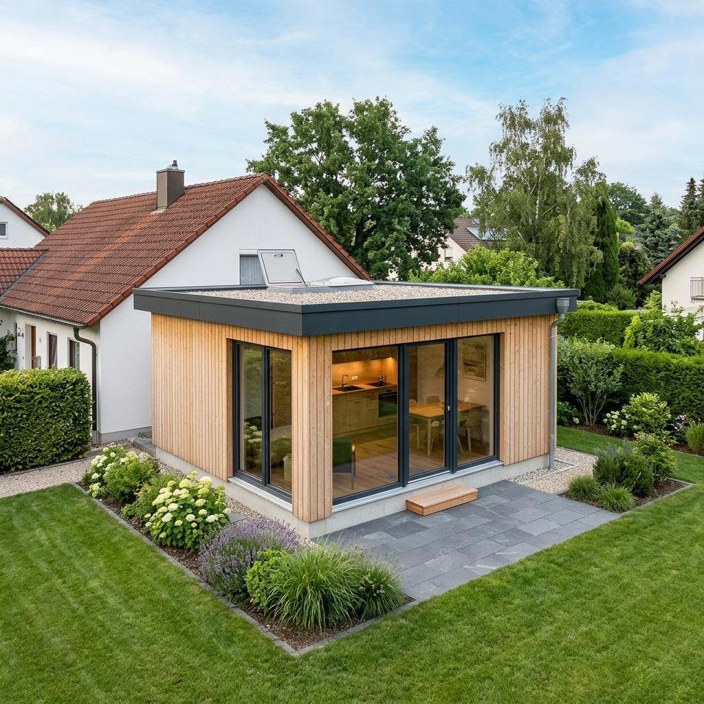 Anbau-Modul Anbau Modul 36 von Dwellii House mit Flachdach — Fertighaus-Wohnmodul mit 36 m²