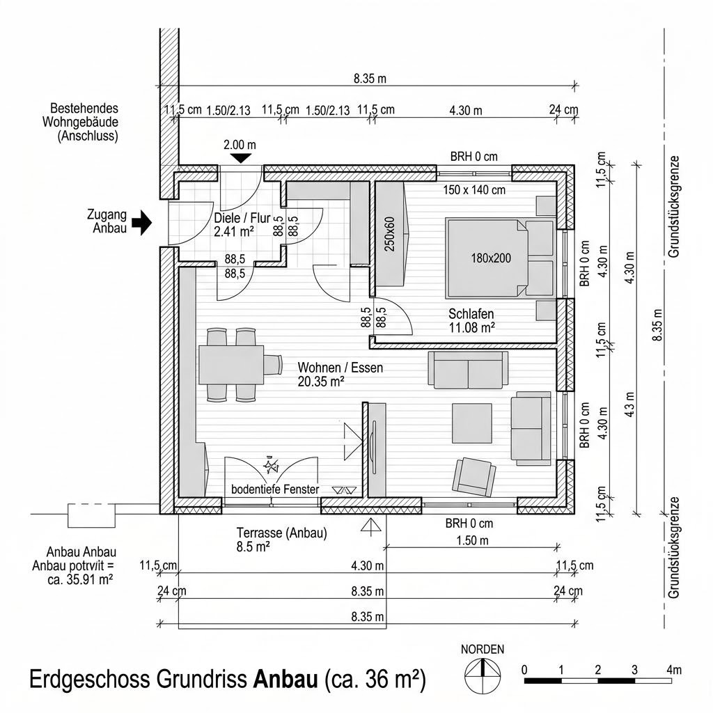 Grundriss Anbau Modul 36 von Dwellii House — 36 m², 2 Zimmer
