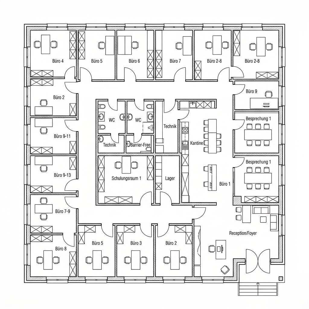 Grundriss Gewerbebau Bürogebäude von Haas Fertigbau — 550 m², 18 Zimmer