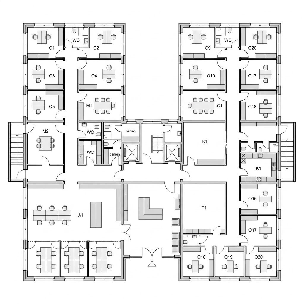 Grundriss Objektbau Bürogebäude von SchwörerHaus — 600 m², 20 Zimmer
