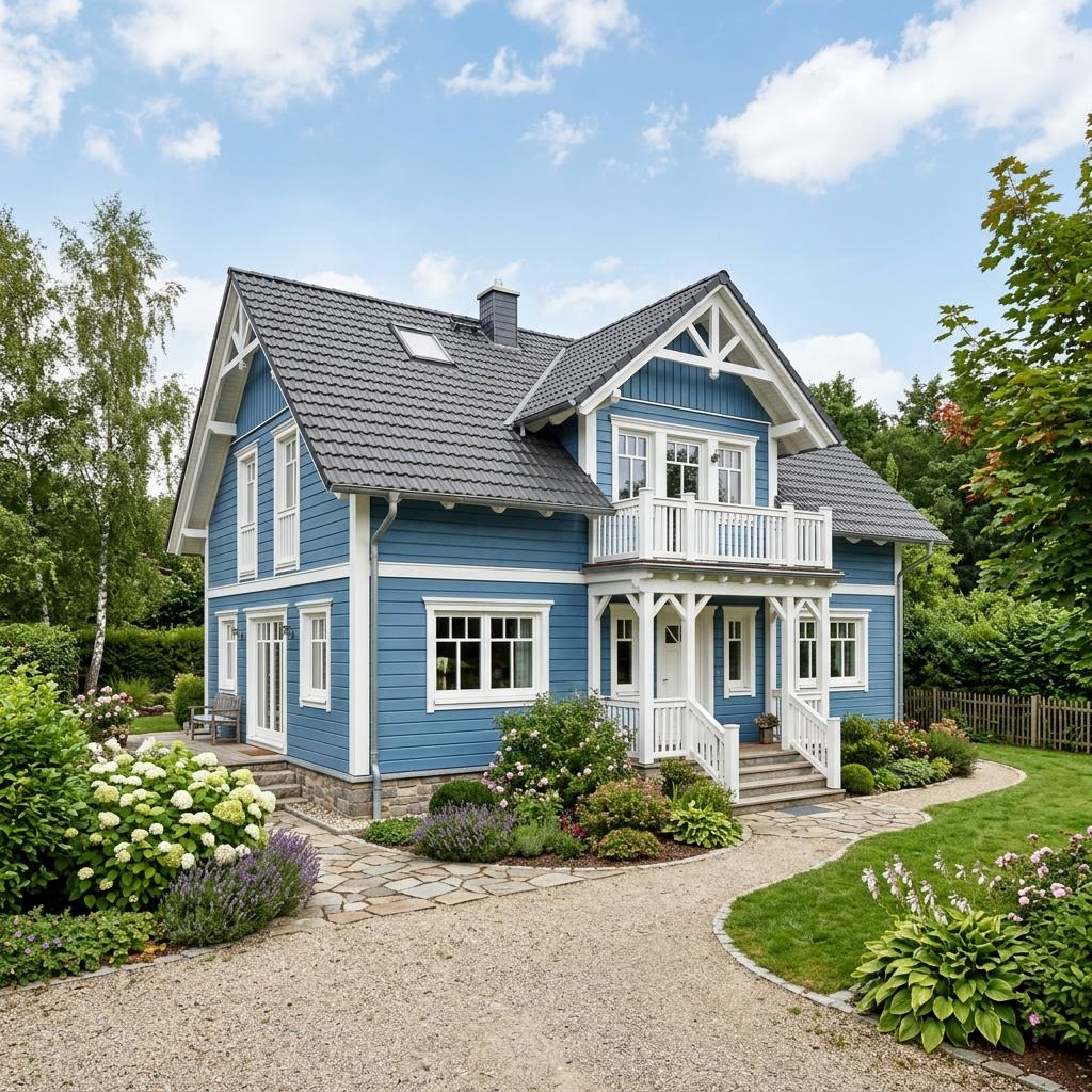 Amerikanisches Haus Arve von Stommel Haus mit blau-weißer Fassade — Massivholzhaus mit 151 m²