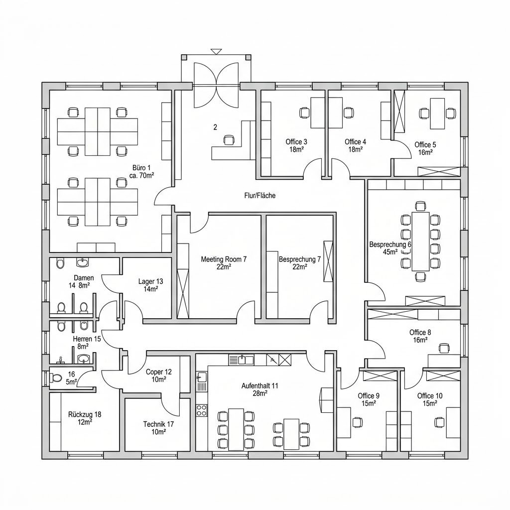 Grundriss Objektbau Bürogebäude in Holzbauweise von WeberHaus — 500 m², 18 Zimmer