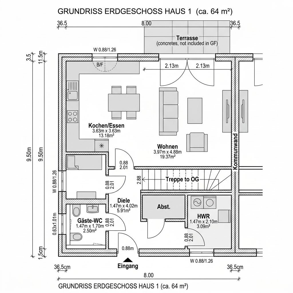 Grundriss Doppelhaus Norden 128 von Eksjöhus — 128 m², 5 Zimmer