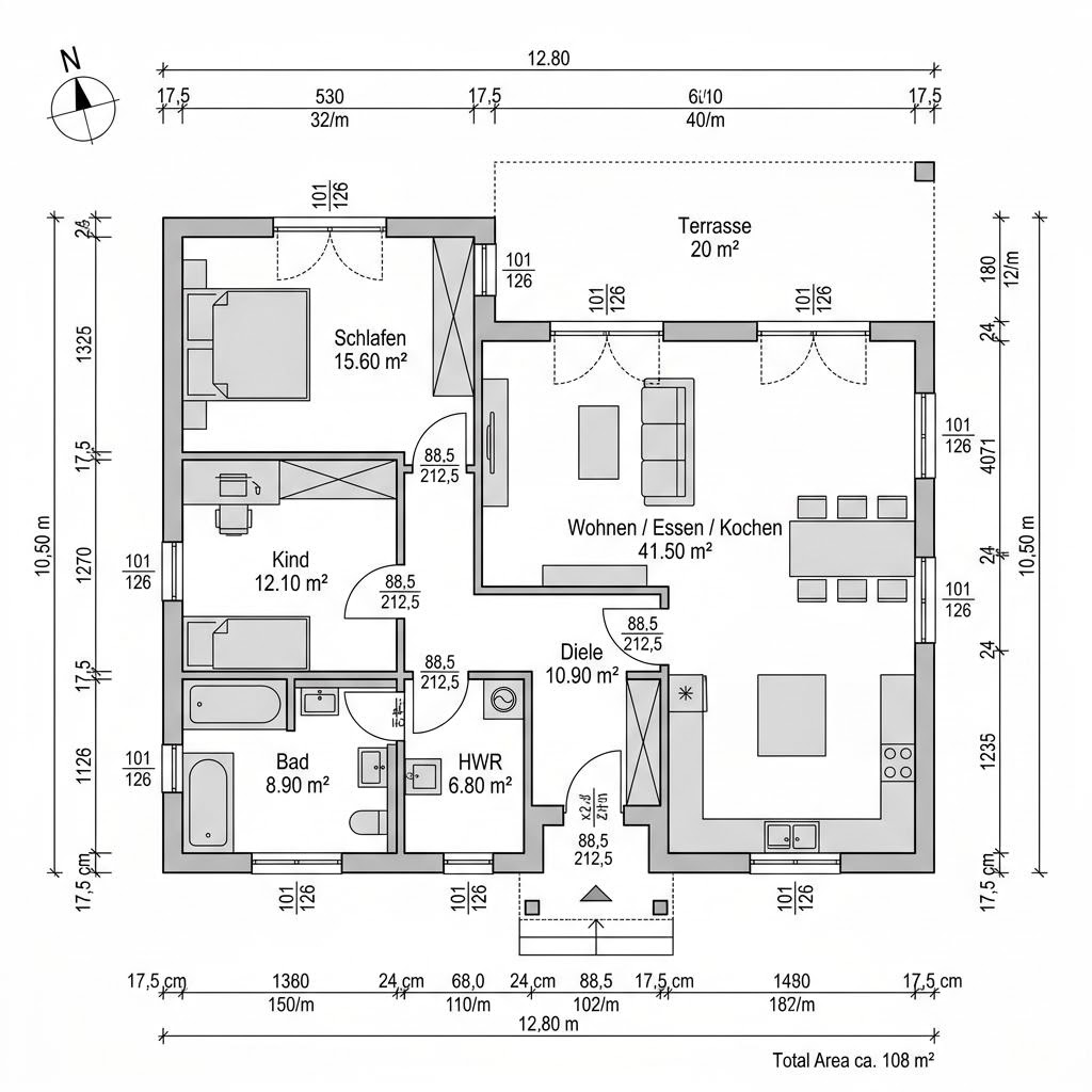 Grundriss Bungalow Walm 108 von ELK Haus — 108 m², 3 Zimmer