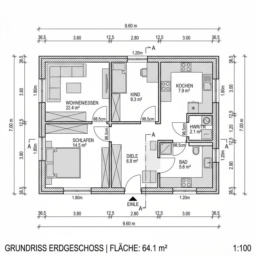 Grundriss Anbau Modul 64 von FingerHaus — 64 m², 3 Zimmer