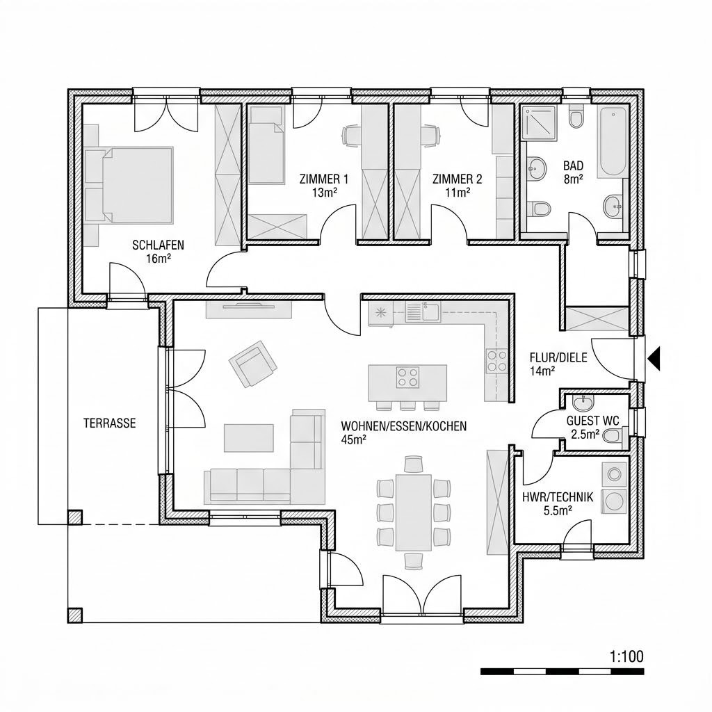 Grundriss VIO Bungalow 110 von FingerHaus — 110 m², 4 Zimmer
