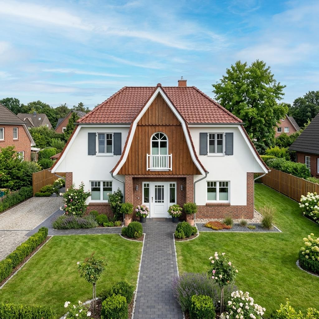 Kapitänshaus Friesland 130 von FischerHaus mit Krüppelwalmdach und Kapitänsgiebel — 130 m²