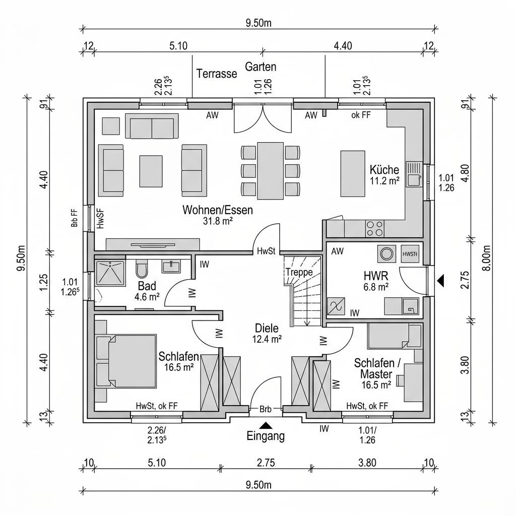 Grundriss Kapitänshaus Friesland 130 von FischerHaus — 130 m², 5 Zimmer