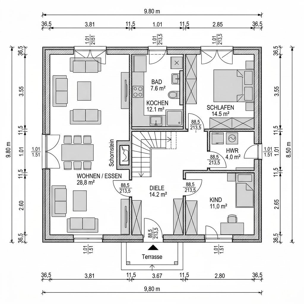 Grundriss Kapitänshaus Nordsee 158 von FischerHaus — 158 m², 6 Zimmer