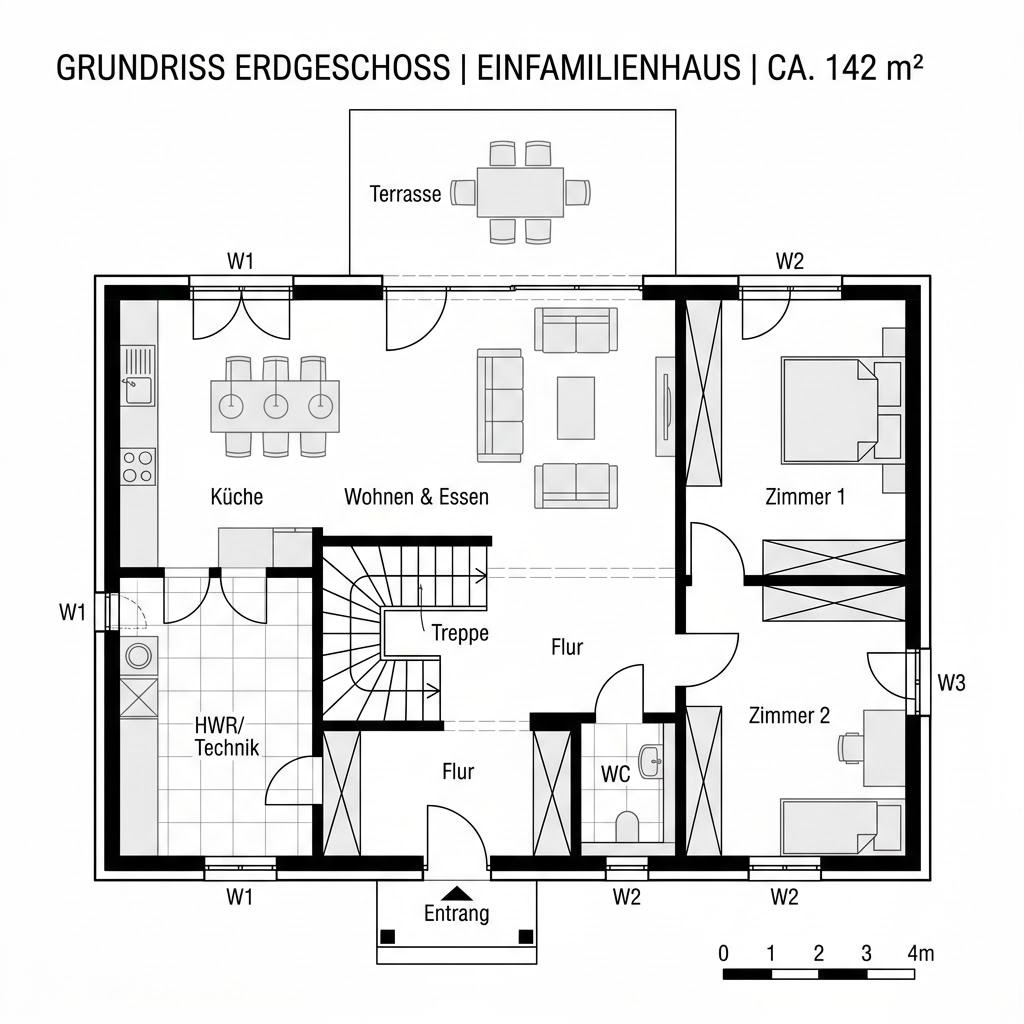 Grundriss Kubus 142 von FischerHaus — 142 m², 5 Zimmer