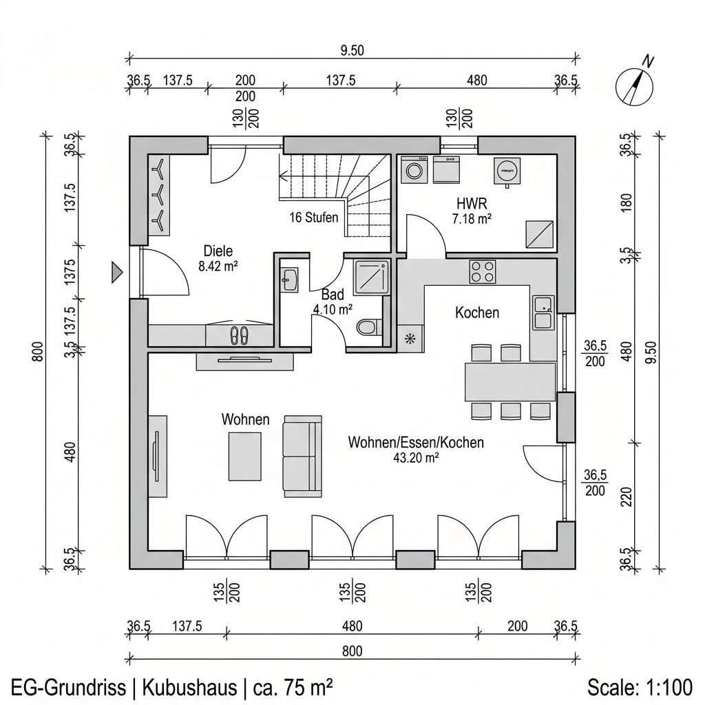 Grundriss Kubushaus Quadro 138 von FischerHaus — 138 m², 4 Zimmer