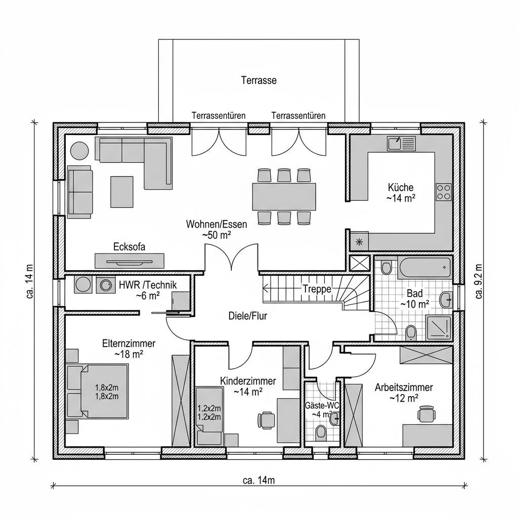 Grundriss Satteldach 128 von FischerHaus — 128 m², 4 Zimmer