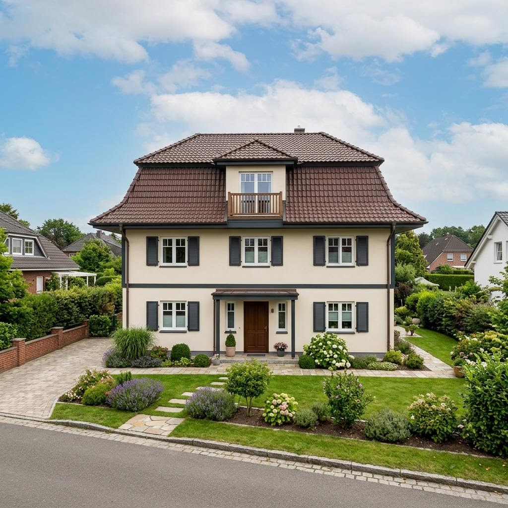 Kapitänshaus Jever 126 von Fjorborg Holzhäuser mit Krüppelwalmdach und Holzverschalung — 126 m²