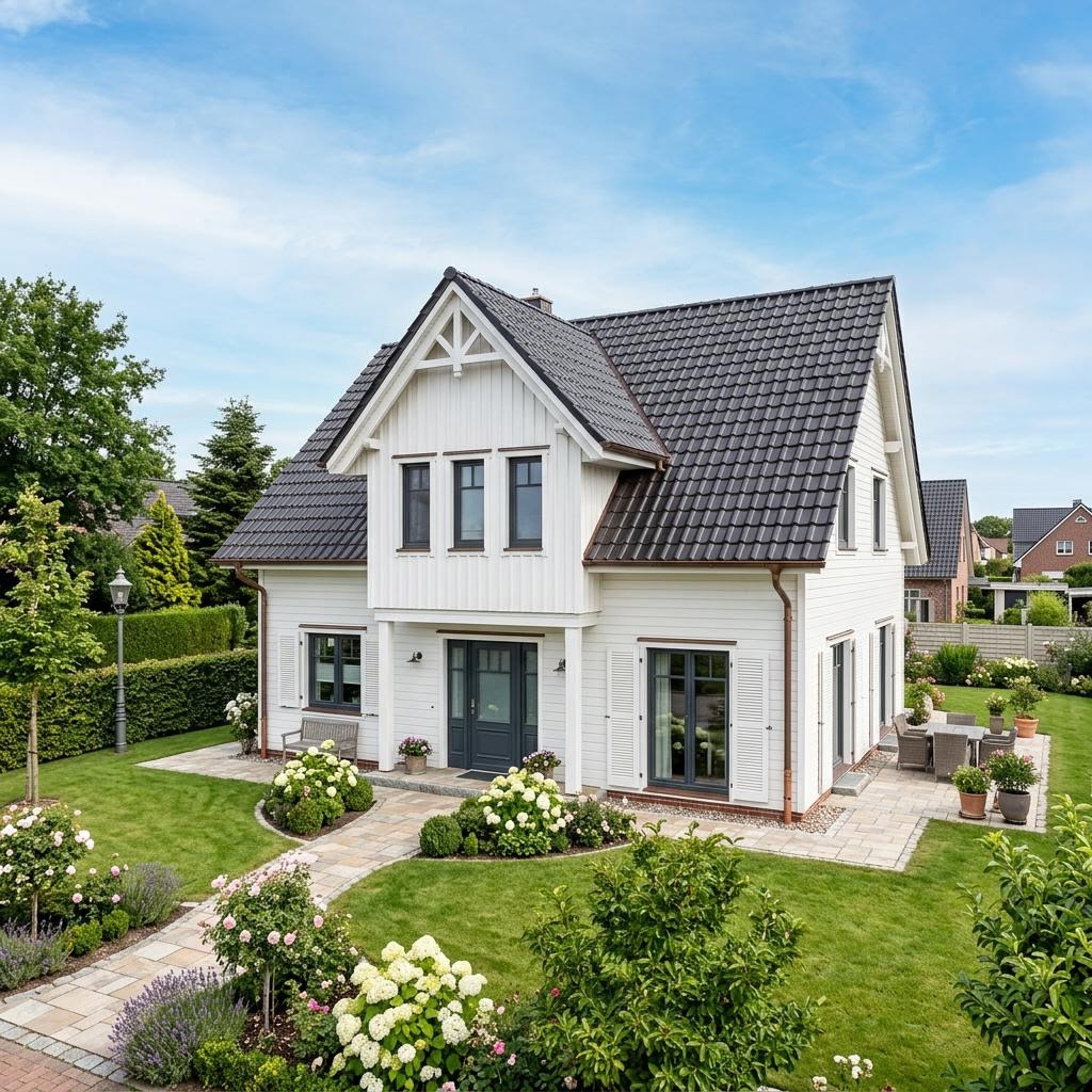 Kapitänshaus Wilhelmshaven 140 von Fjorborg Holzhäuser mit Zwerchdach und Holzverschalung — 140 m²