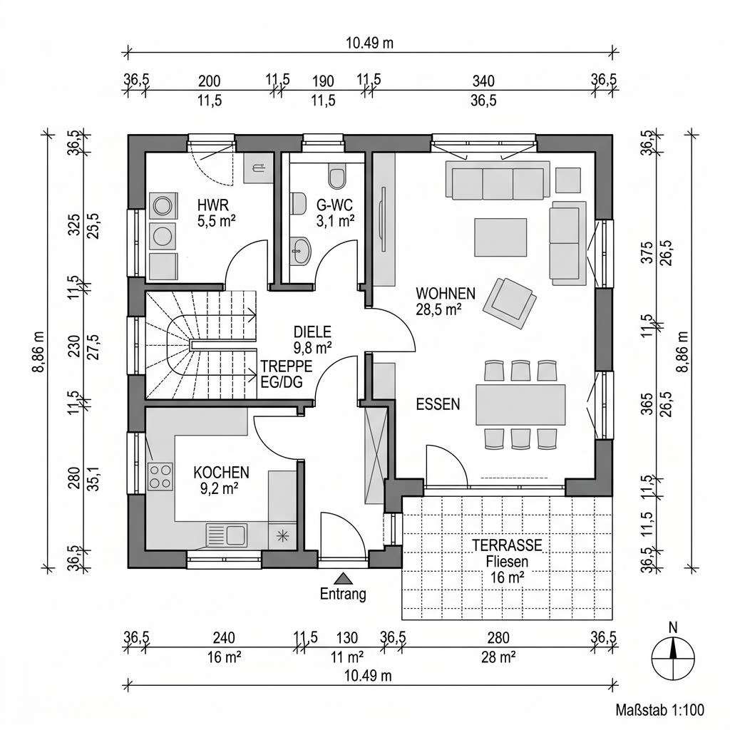 Grundriss Kapitänshaus Wilhelmshaven 140 von Fjorborg Holzhäuser — 140 m², 5 Zimmer