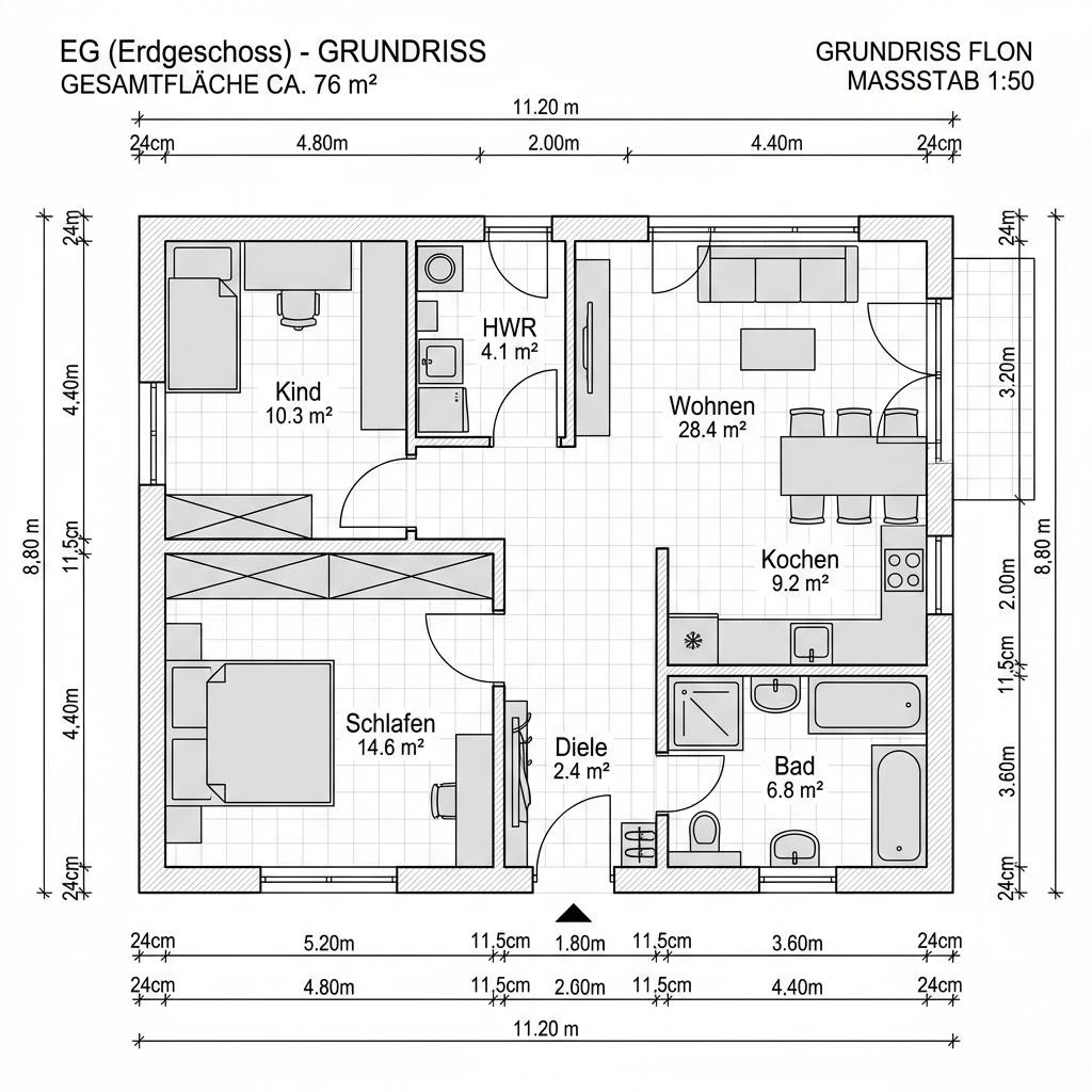 Grundriss Singlehaus Fjord 76 von Fjorborg Holzhäuser — 76 m², 2 Zimmer