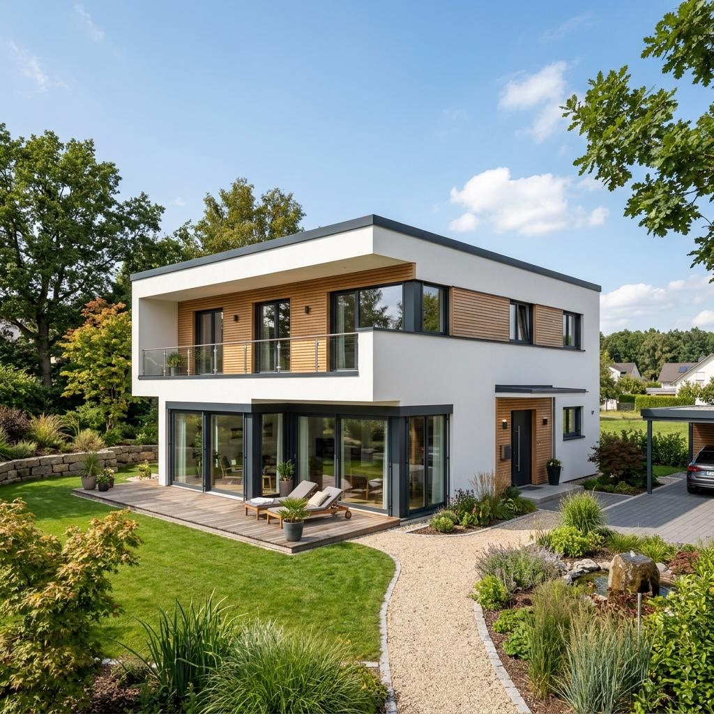 Flachdachhaus LifeStyle 18.02 F von massa haus im Bauhaus-Stil — Fertighaus mit rund 190 m²