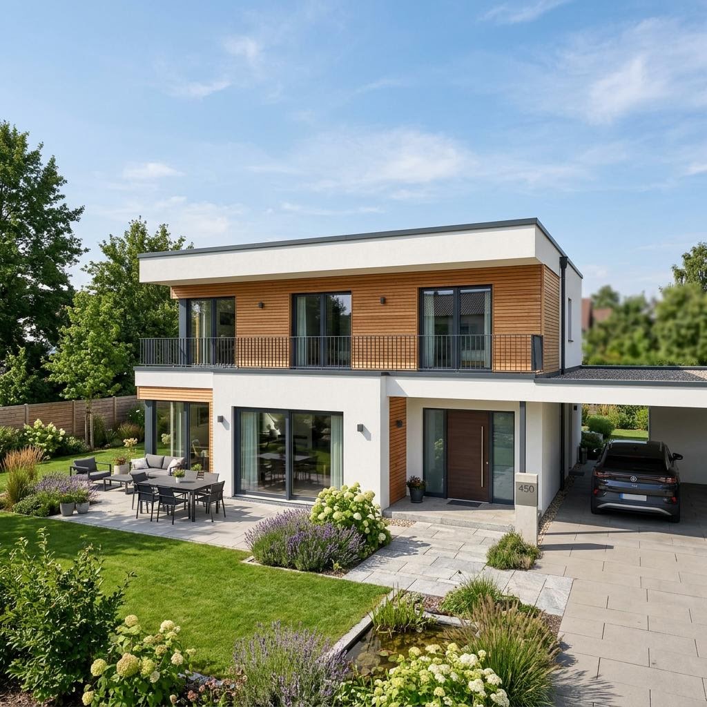 Flachdachhaus CityLife 450 von WeberHaus im Bauhaus-Stil — Fertighaus mit rund 189 m²