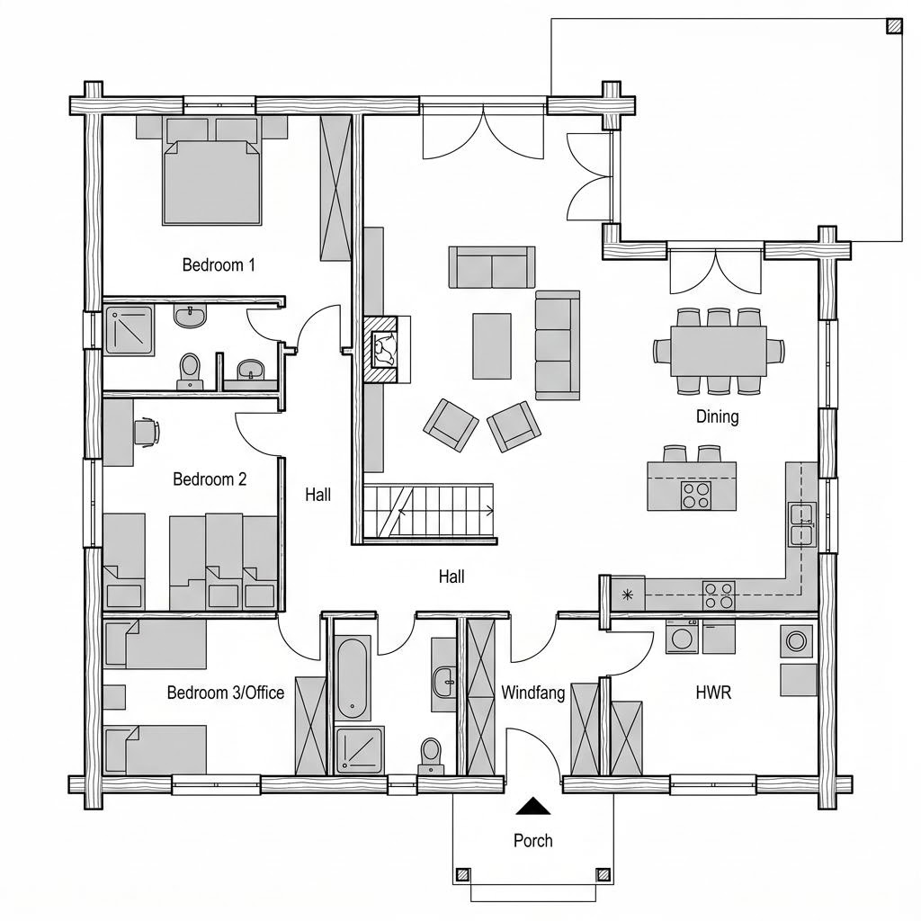 Grundriss Landhaus 142 von Fuhrberger Blockhaus — 142 m², 5 Zimmer