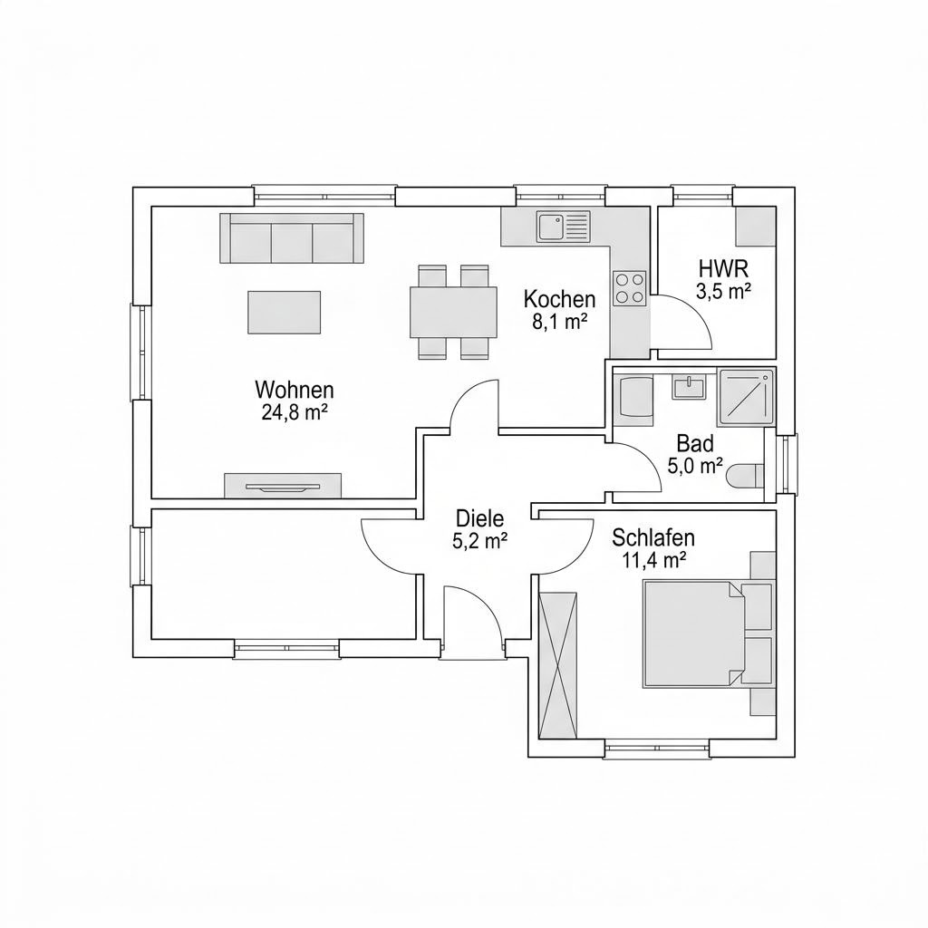 Grundriss Anbau Modul 58 von GUSSEK HAUS — 58 m², 2 Zimmer