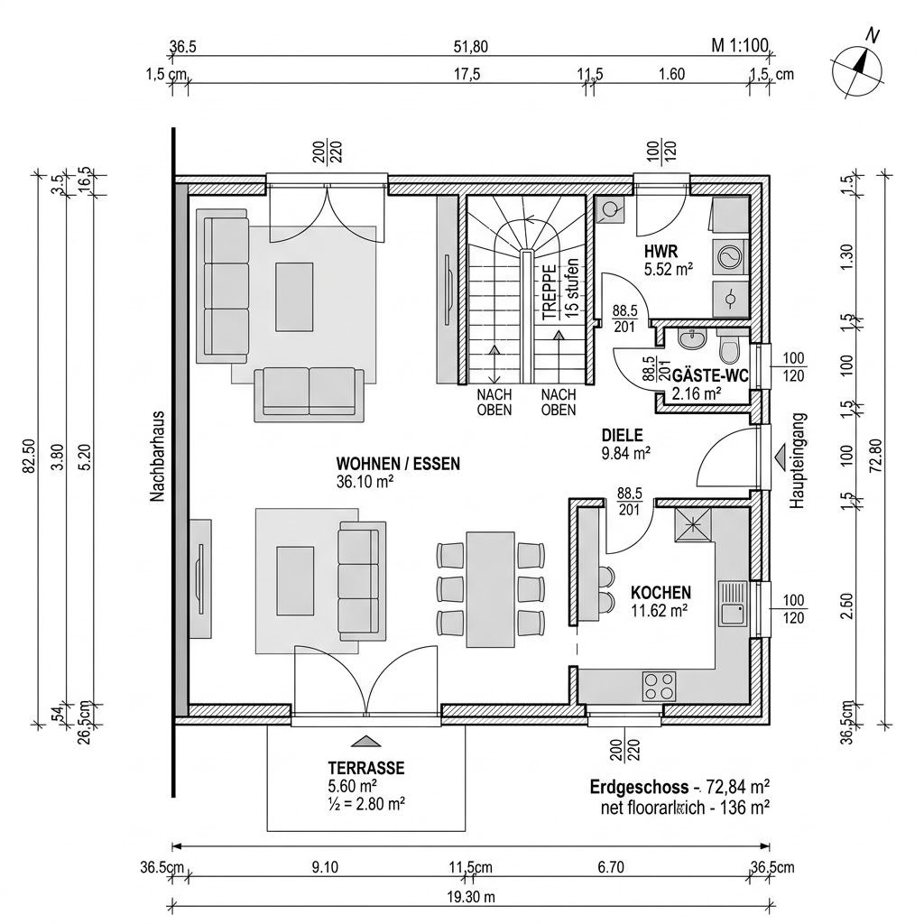 Grundriss Doppelhaus Gemini 136 von GUSSEK HAUS — 136 m², 5 Zimmer