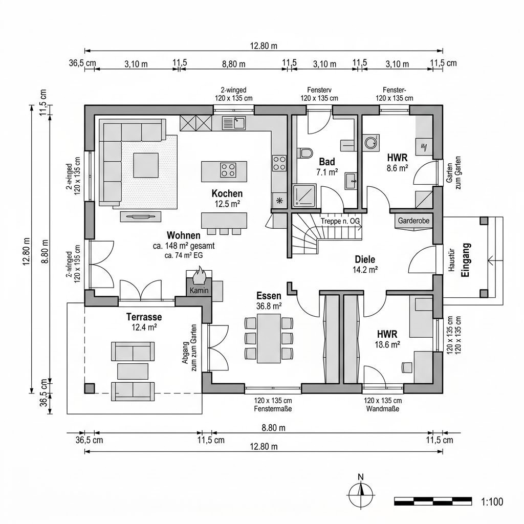 Grundriss Landhaus Rosenhof 148 von GUSSEK HAUS — 148 m², 5 Zimmer