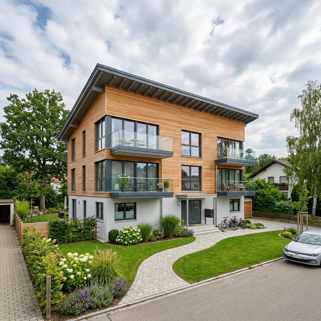 Mehrfamilienhaus 4 Wohneinheiten Pultdach von Haas Fertigbau — Fertighaus mit 360 m²
