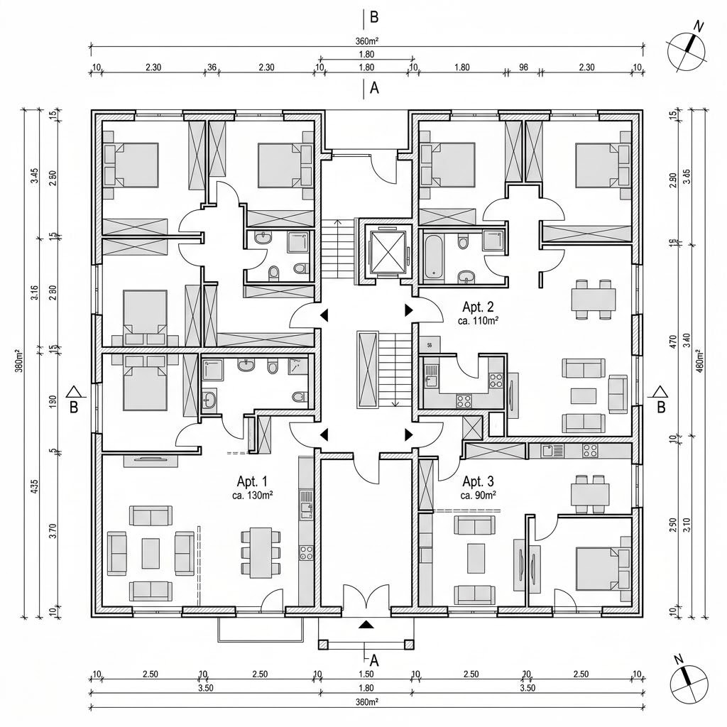 Grundriss 4 Wohneinheiten Pultdach von Haas Fertigbau - Mehrfamilienhäuser — 360 m², 14 Zimmer
