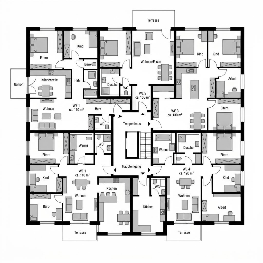 Grundriss 6 Wohneinheiten Flachdach von Haas Fertigbau - Mehrfamilienhäuser — 520 m², 20 Zimmer