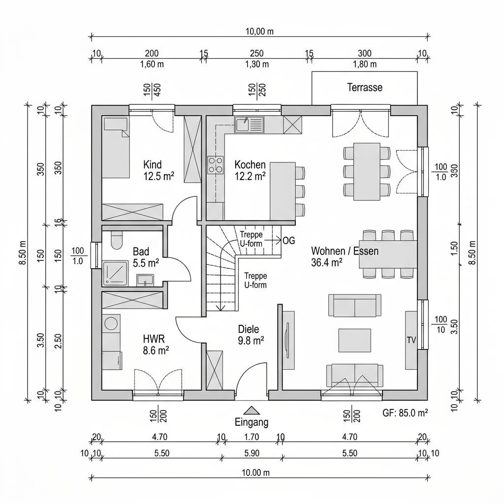 Grundriss Kubushaus Variant 170 von Hanse Haus — 170 m², 5 Zimmer