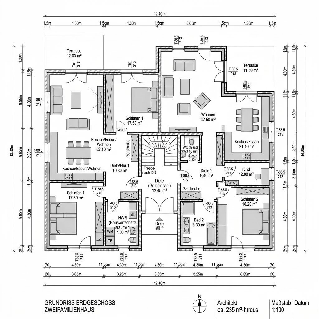 Grundriss Zweifamilienhaus Variant 235 von Hanse Haus — 235 m², 8 Zimmer