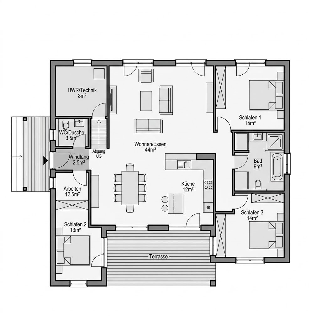 Grundriss Nyborg von Fjorborg Holzhäuser — 154 m², 5 Zimmer