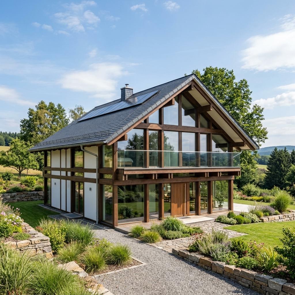 Fachwerkhaus von KD-Haus mit sichtbarem Holzskelett und Glasflächen — modernes Holzhaus mit 165 m²