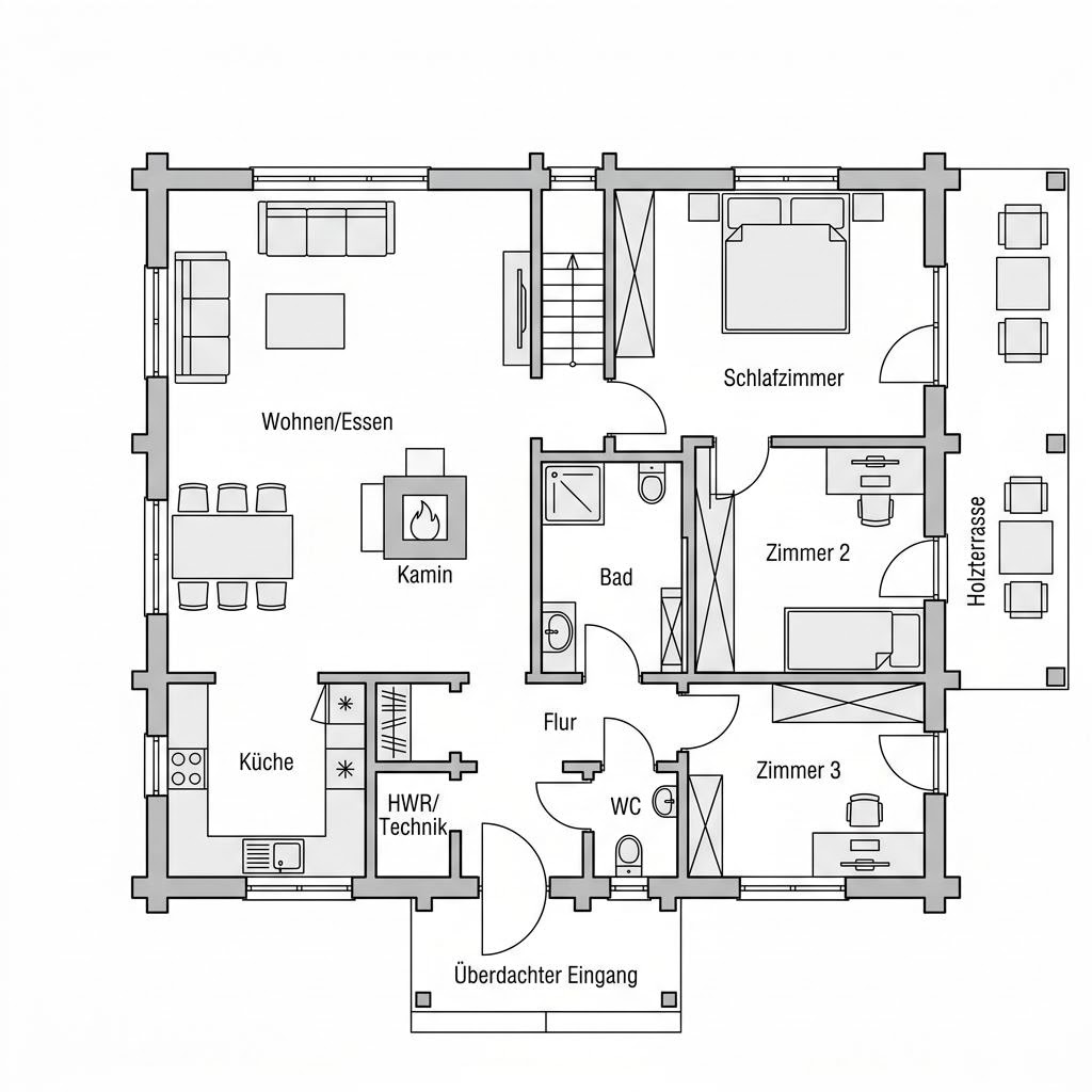 Grundriss Blockhaus Cubus 130 von LéonWood — 127 m², 4 Zimmer