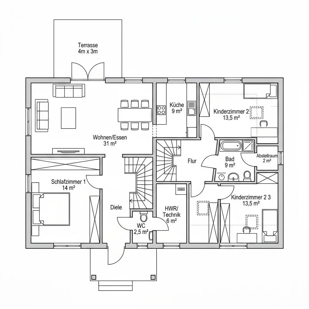 Grundriss SH 124 Variante A von ScanHaus Marlow — 124 m², 4 Zimmer