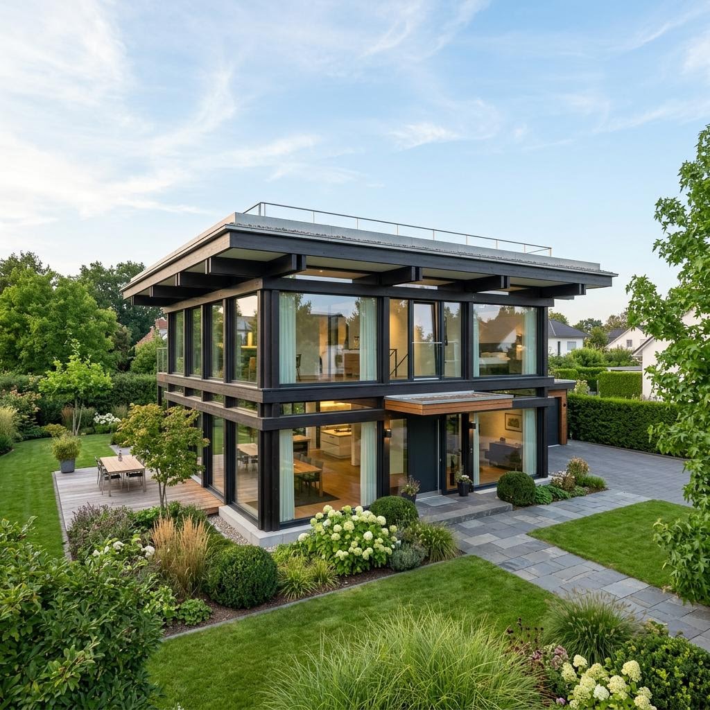 Kubushaus ART 178 von HUF HAUS mit Flachdach — kubisches Glas-Fachwerkhaus im Bauhausstil mit 178 m²