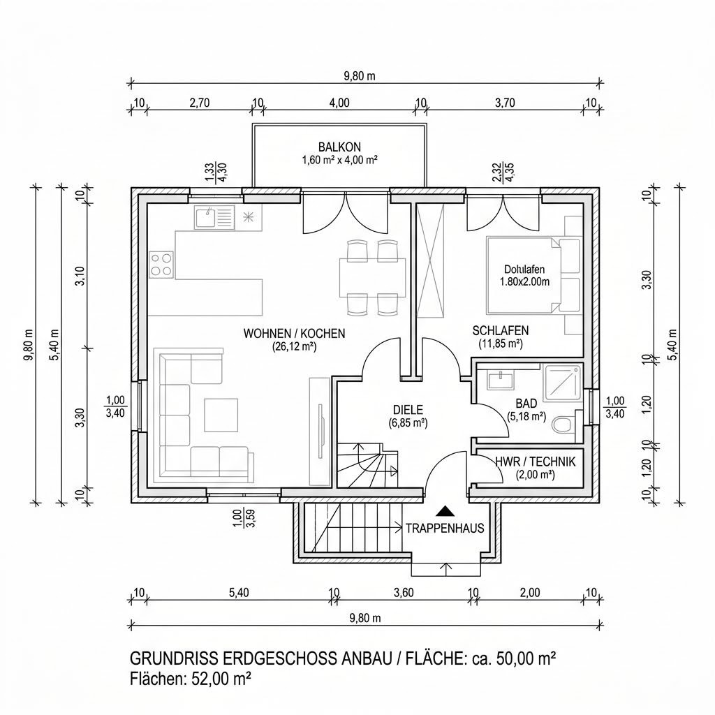 Grundriss Aufstockung Modul 50 von KAMPA — 50 m², 2 Zimmer